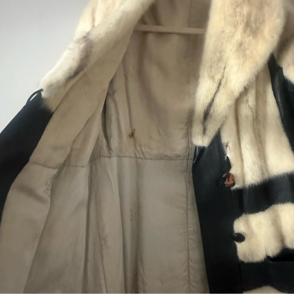 Vintage Real Fur & Leather Coat Black Cream Striped Statement Coat Women’s Small - Picture 5 of 11